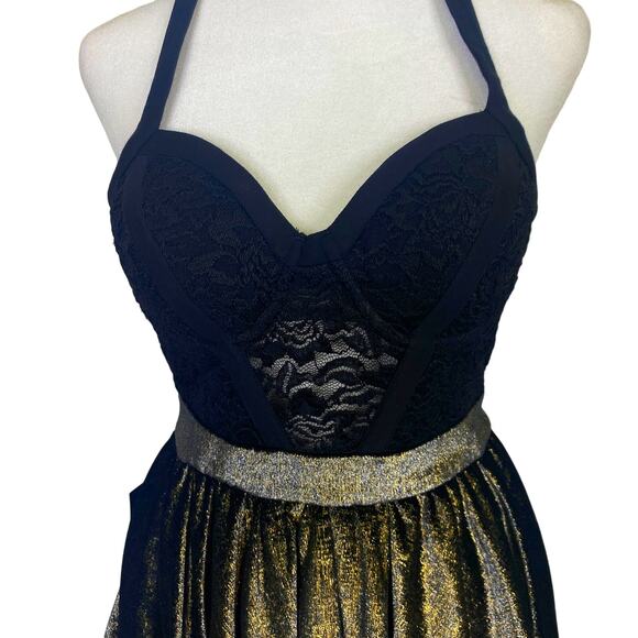 BeBe Lace Metallic Velvet Skater Dress Womens XXS Black Gold Goth Flapper Sheer - Picture 5 of 14